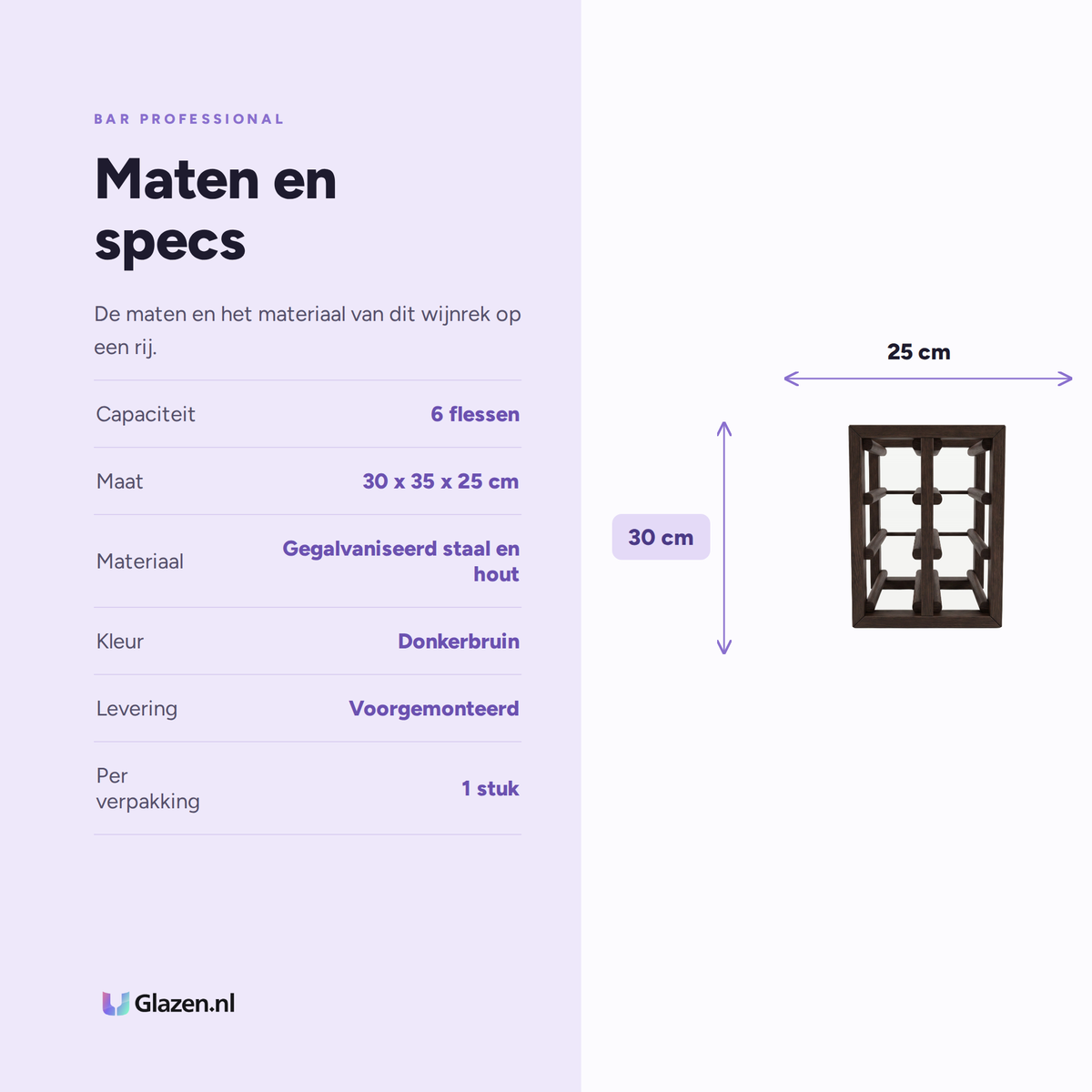 Maten en specs van Bar Professional Furu Wijnrek 6 Flessen Donkerbruin