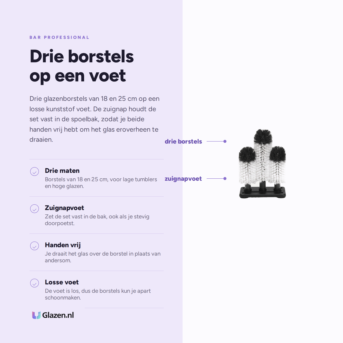 Infographic met de eigenschappen van Bar Professional Glazenborstel Set 3-Delig met Voet 18x25 cm
