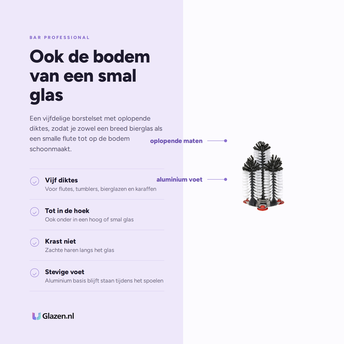 Eigenschappen van de vijfdelige glazenborstelset van Bar Professional