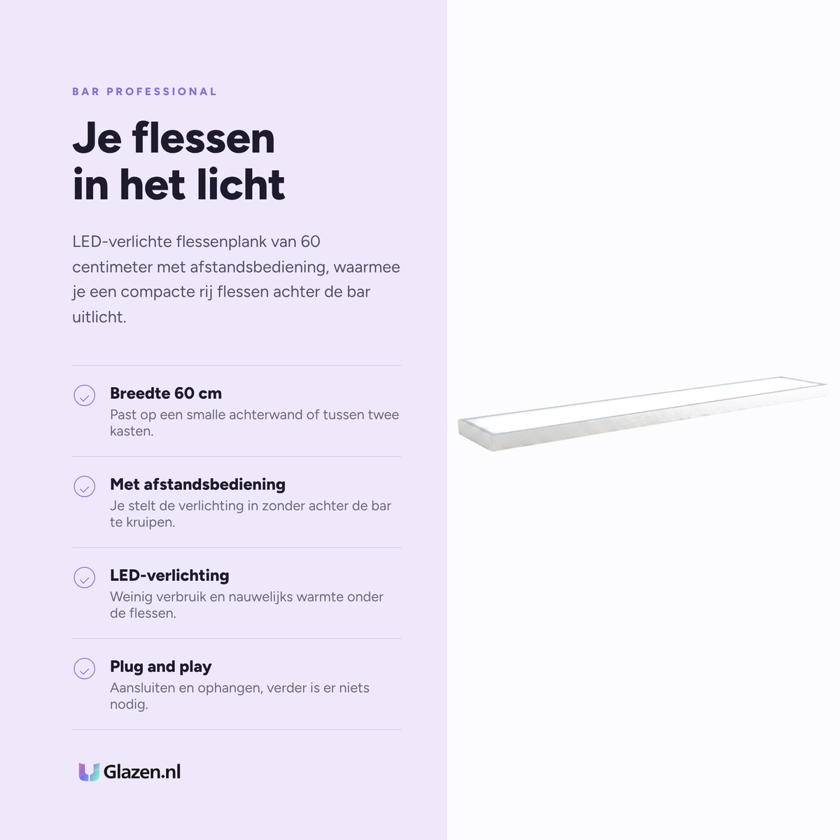 Bar Professional LED Flessenplank met Afstandsbediening 60 cm eigenschappen: breedte 60 cm, met afstandsbediening, led-verlichting, plug and play