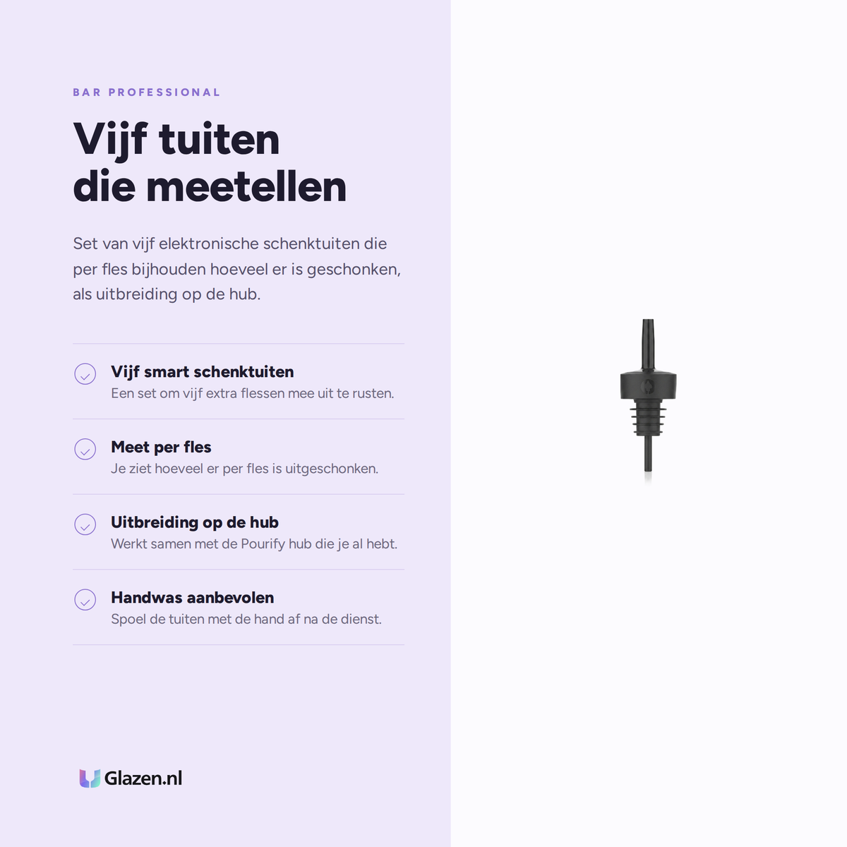 Infographic met de eigenschappen van Bar Professional Pourify Smart Schenktuit Set 5-Delig