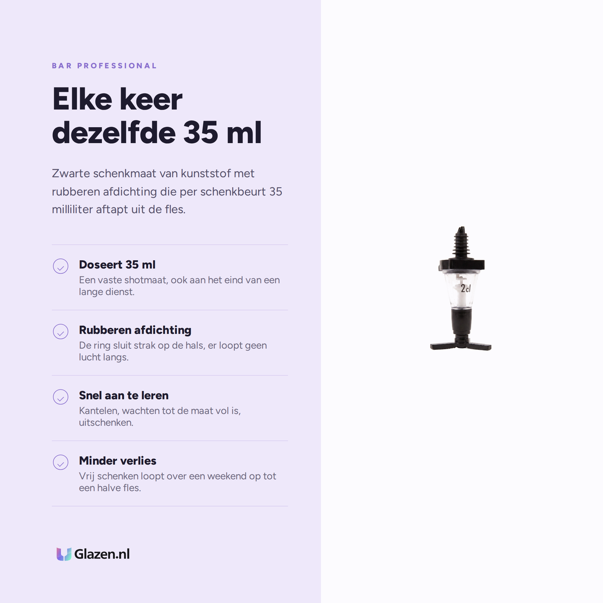 Infographic met de eigenschappen van Bar Professional Schenkmaat Zwart 35 ml