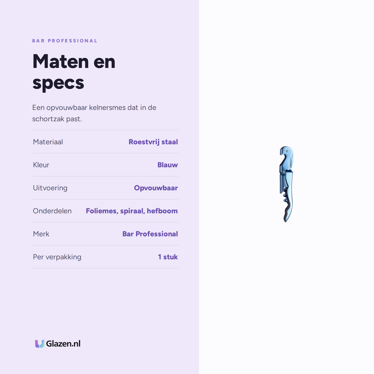 Maten en specificaties van de Bar Professional sommelier kurkentrekker blauw