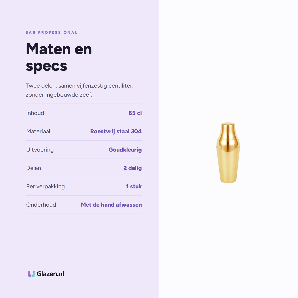 Infographic met de maten en specificaties van de Bar Professional Speakeasy Parisian Cocktailshaker Goud 65 Cl