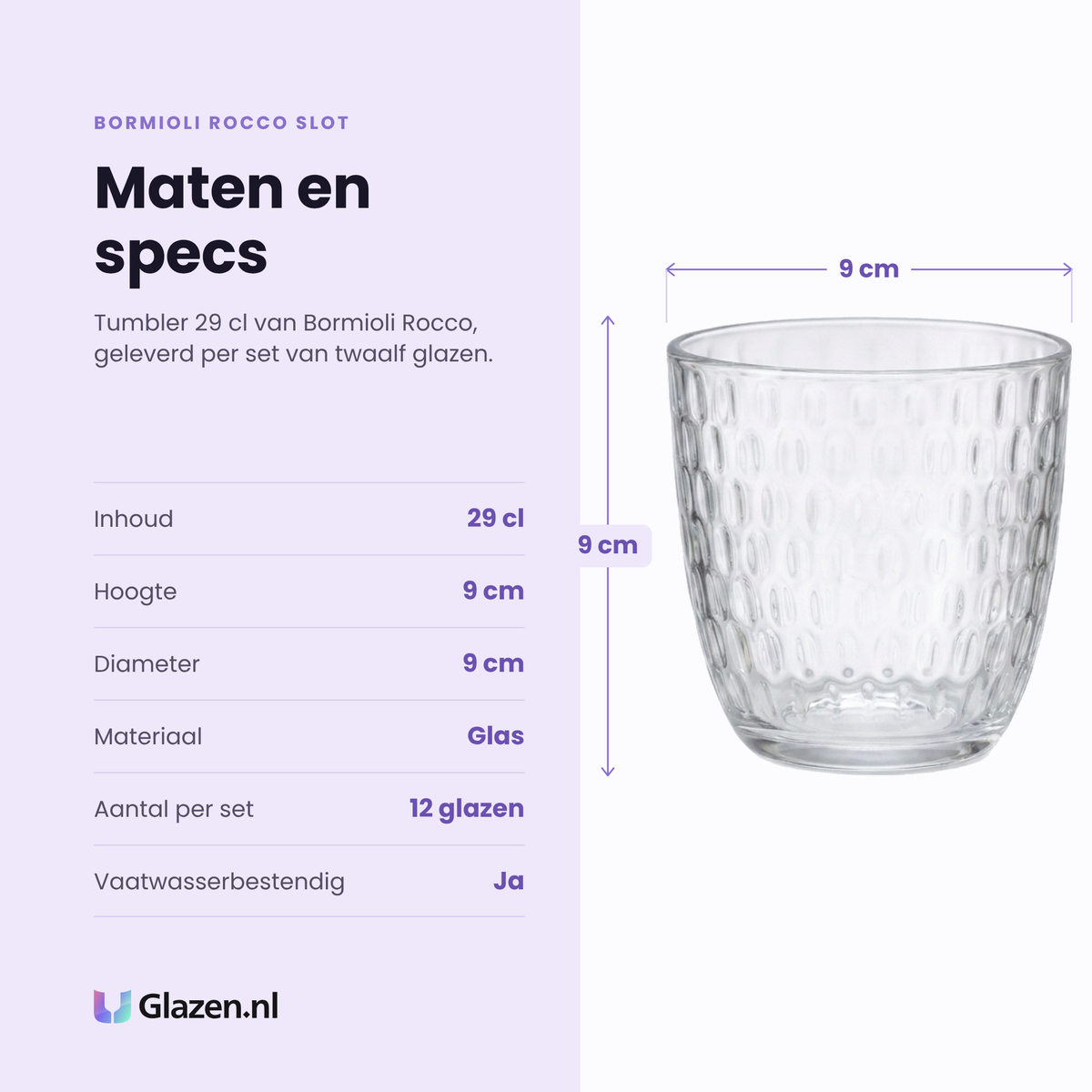 Bormioli Rocco Slot tumbler 29 cl specificaties: inhoud 29 cl, hoogte 9 cm, diameter 9 cm, glas, set van 12