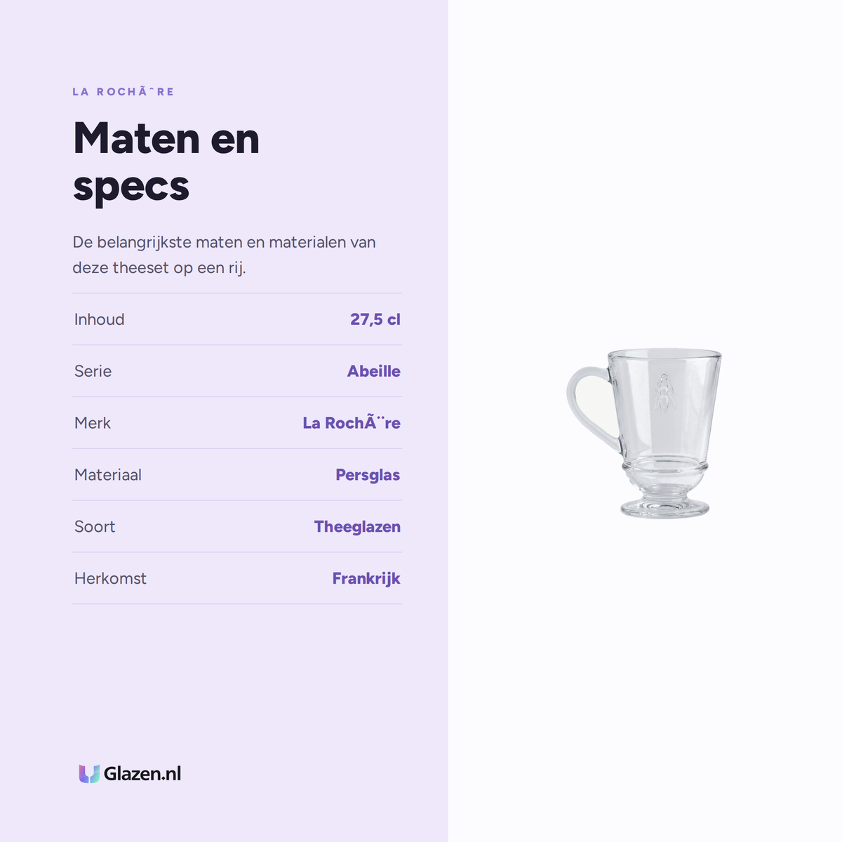 Infographic met de maten en specificaties van La Rochère Abeille Theeset 27,5 cl