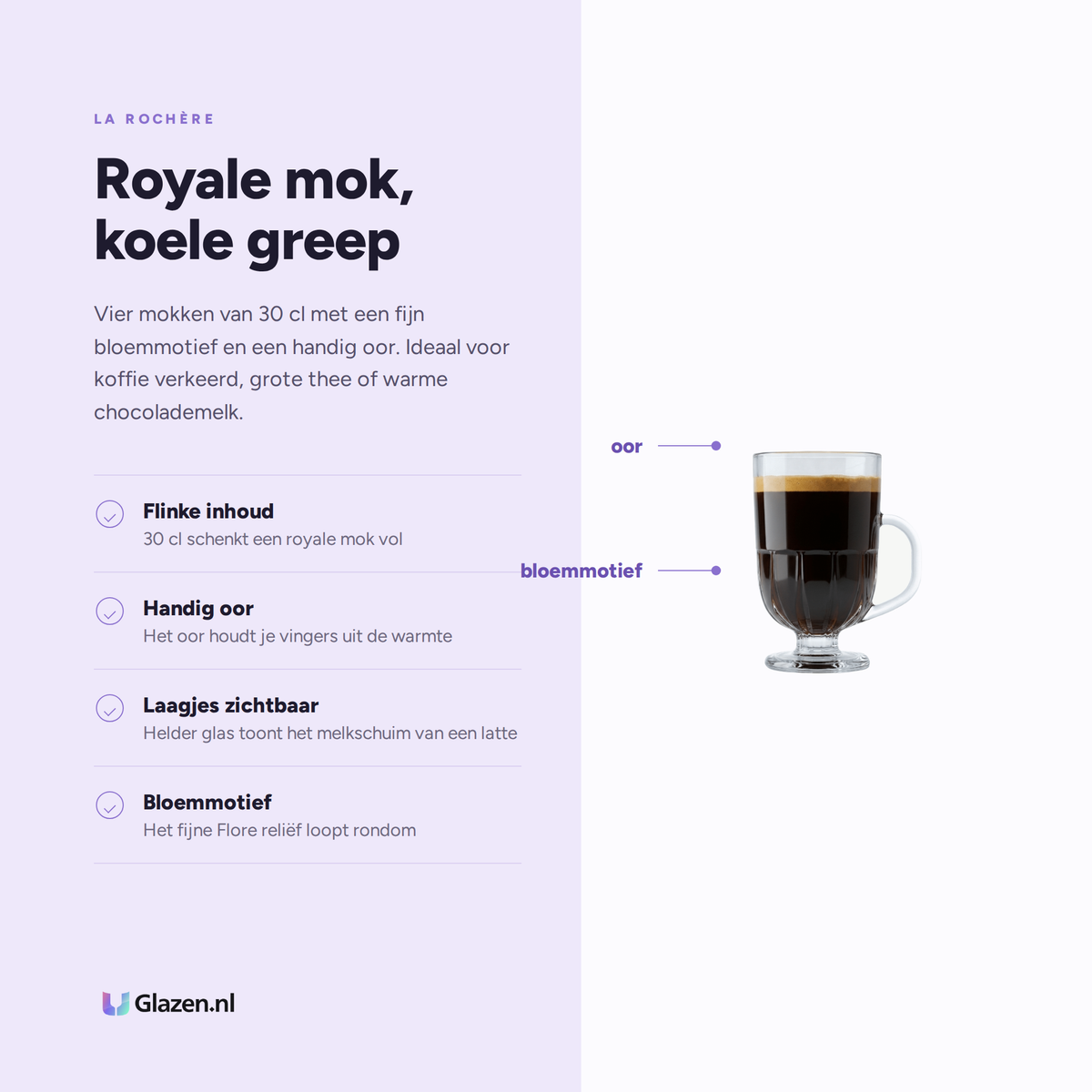 Eigenschappen van La Rochère Flore Mok 30 cl - 4 Stuks