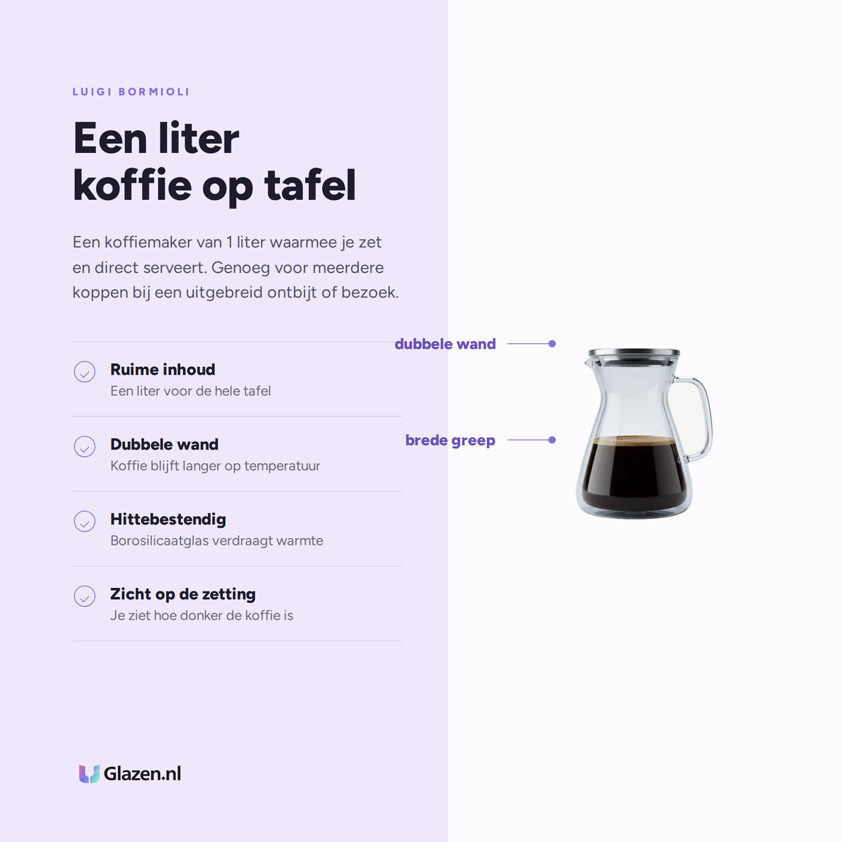 Luigi Bormioli Thermic Glass Koffiemaker 1L eigenschappen: ruime inhoud, dubbele wand, hittebestendig, zicht op de zetting