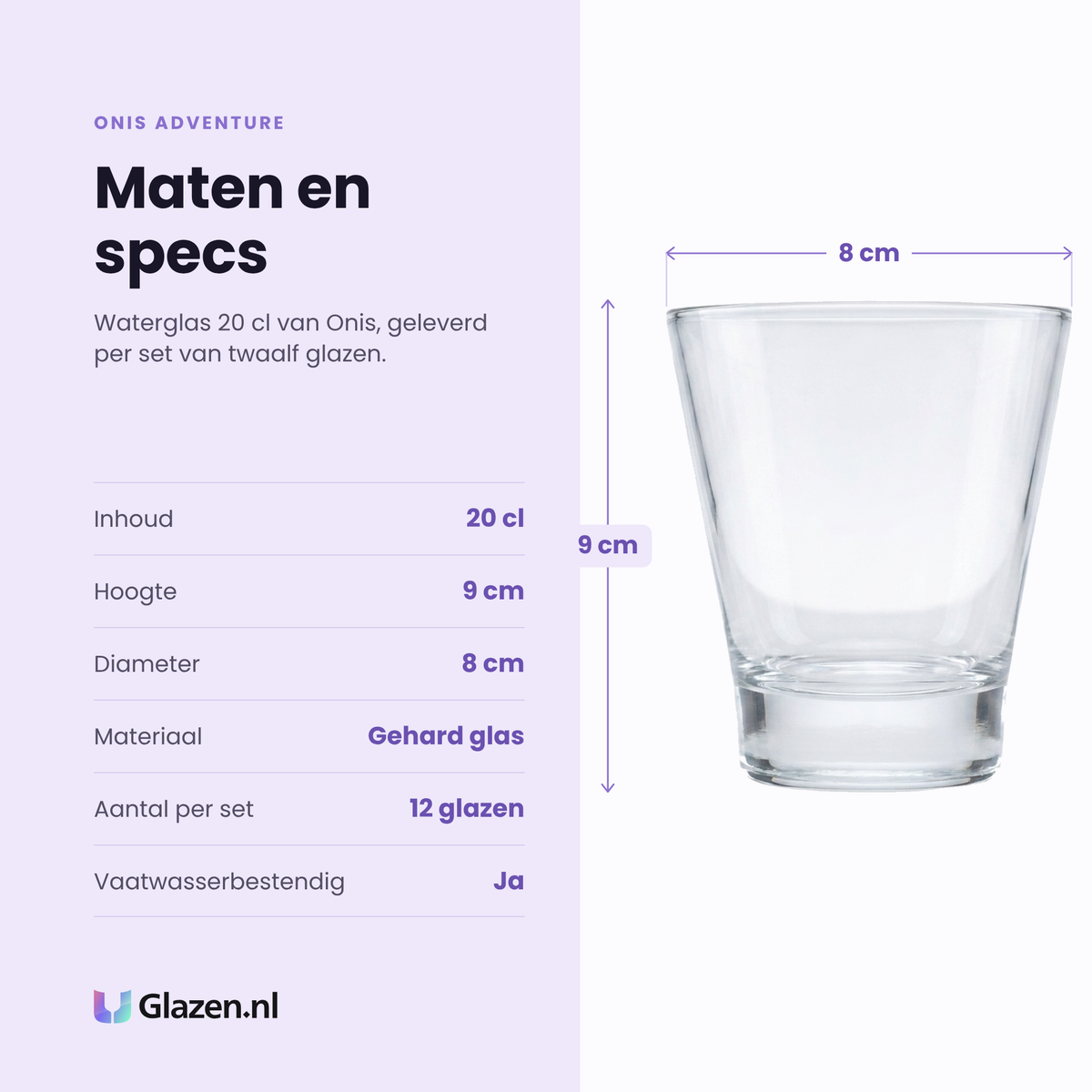 Onis Adventure waterglas 20 cl specificaties: inhoud 20 cl, hoogte 9 cm, diameter 8 cm, gehard glas, set van 12