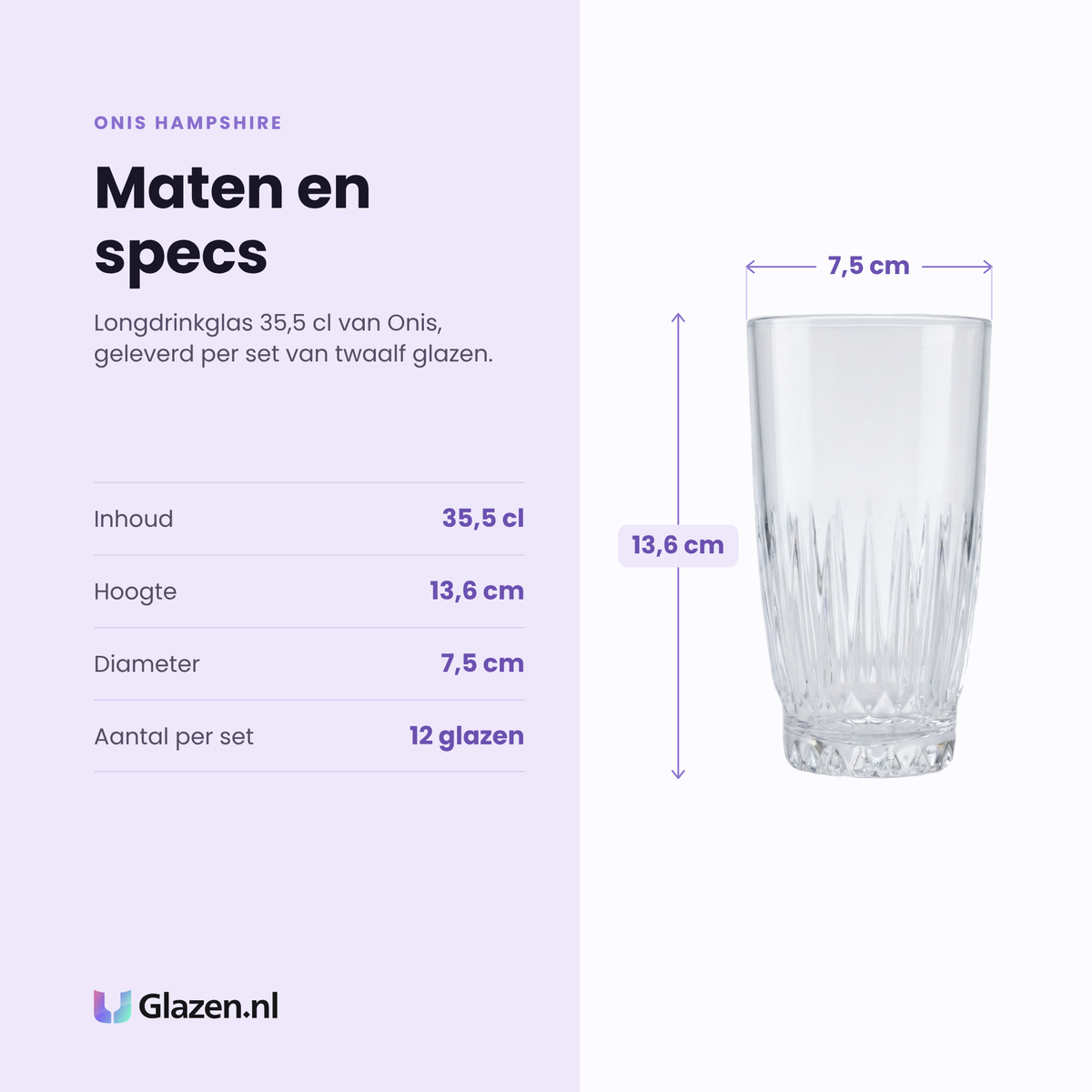 Onis Hampshire longdrinkglas 35,5 cl specificaties: inhoud 35,5 cl, hoogte 13,6 cm, diameter 7,5 cm, set van 12