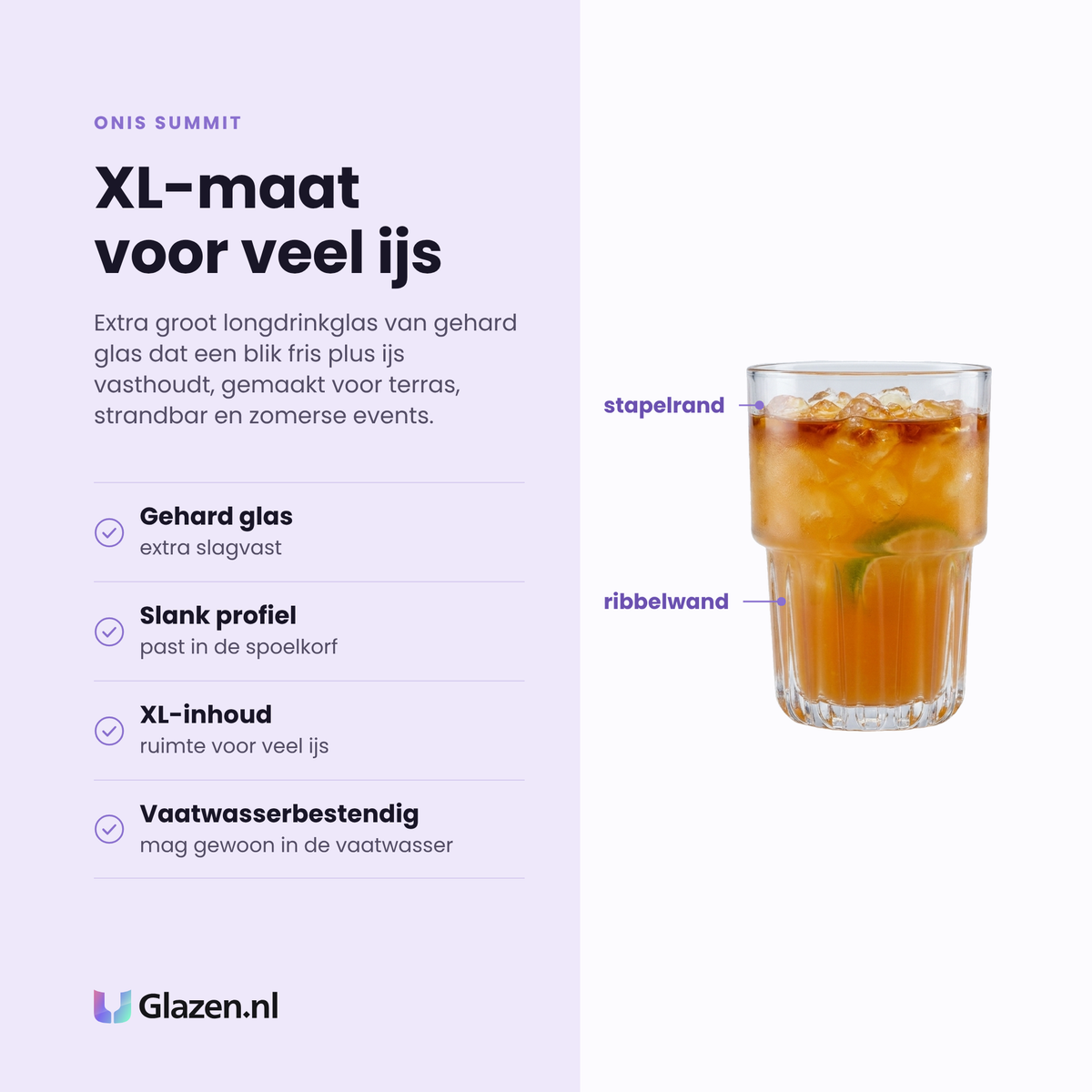 Onis Summit longdrinkglas 41,5 cl eigenschappen: gehard glas, slank profiel, xl-inhoud voor veel ijs, vaatwasserbestendig