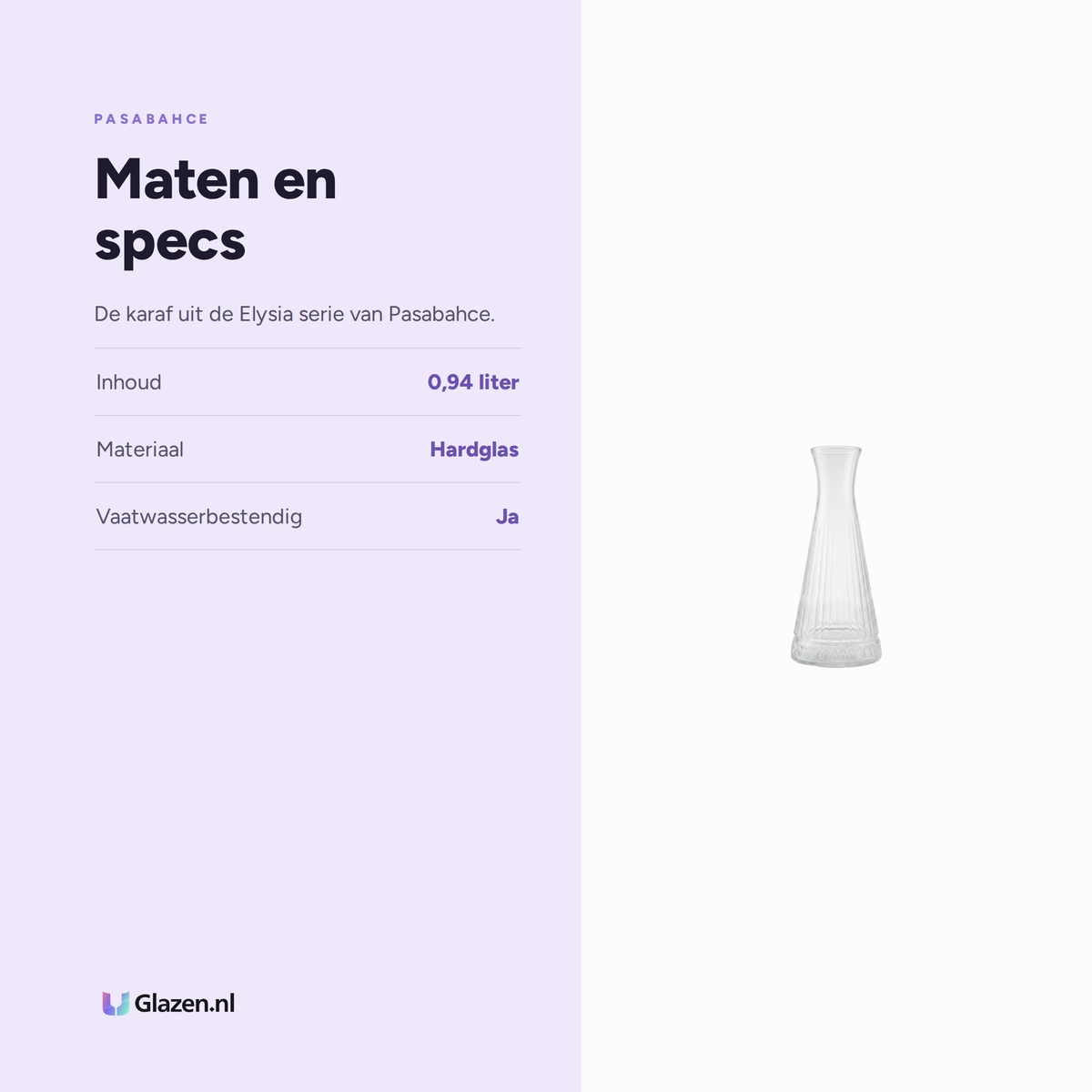 Maten en specs van Pasabahce Elysia Karaf 0,94 Liter