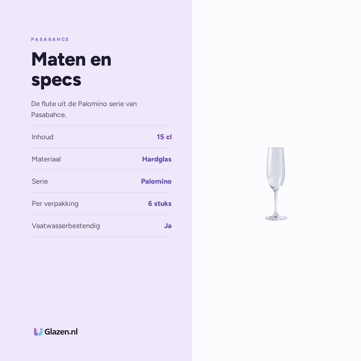 Maten en specs van Pasabahce Palomino Champagneflute 15 Cl