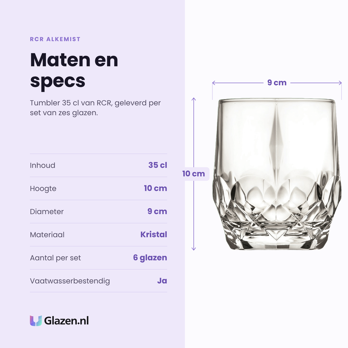 RCR Alkemist tumbler 35 cl specificaties: inhoud 35 cl, hoogte 10 cm, diameter 9 cm, kristal, set van 6