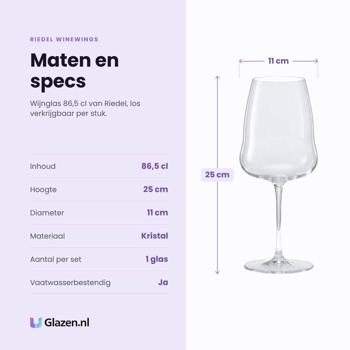 Riedel Winewings wijnglas 86,5 cl specificaties: inhoud 86,5 cl, hoogte 25 cm, diameter 11 cm, kristal, per stuk