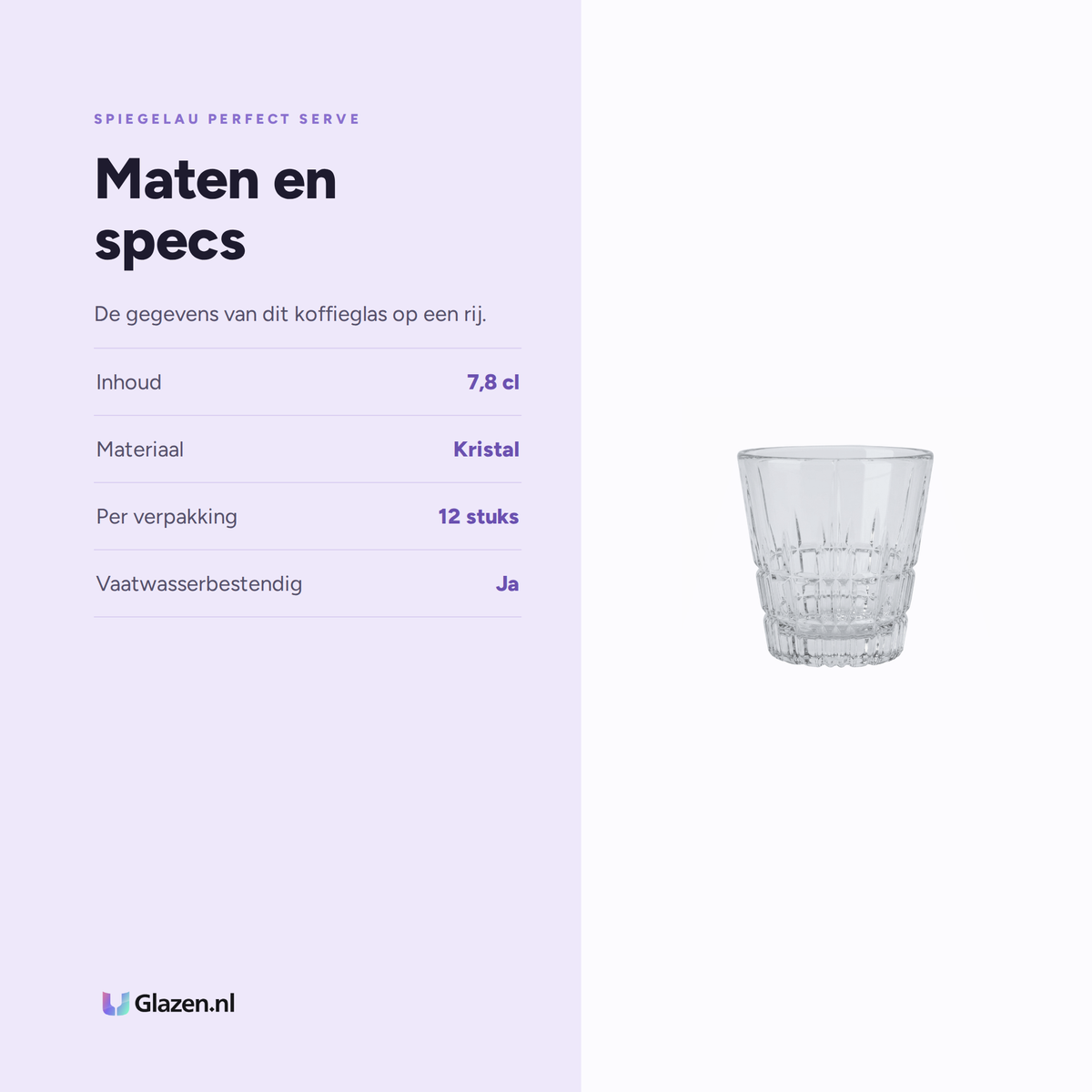 Spiegelau Perfect Serve Collection Koffieglas 7,8 Cl, 12 Stuks specificaties: inhoud 7,8 cl, materiaal Kristal, per verpakking 12 stuks, vaatwasserbestendig Ja